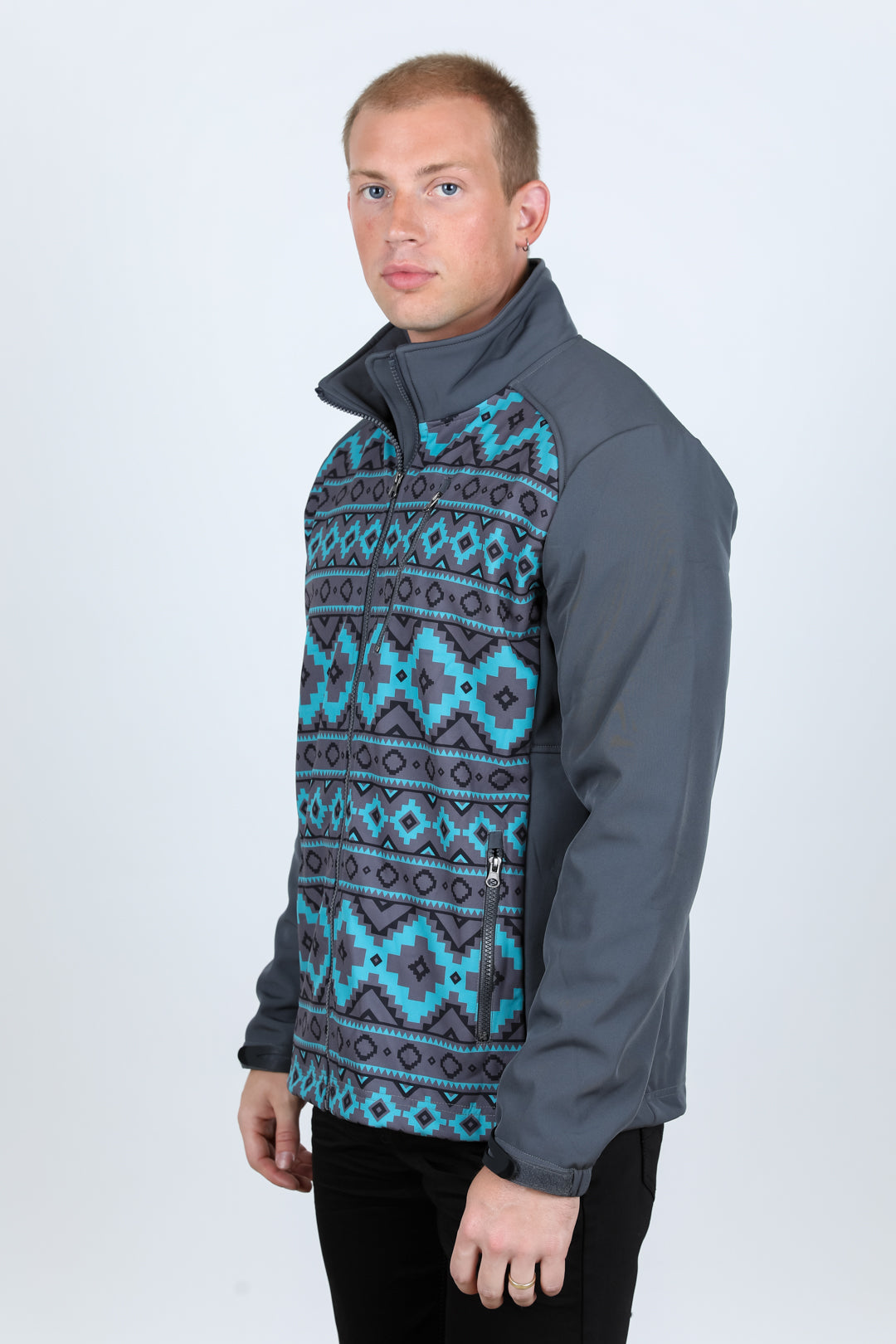 gray aztec softshell jacket detail platini side