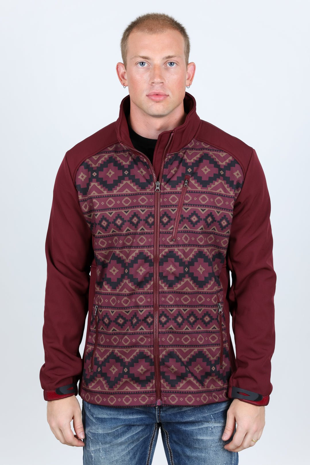burgundy aztec softshell jacket front platini front