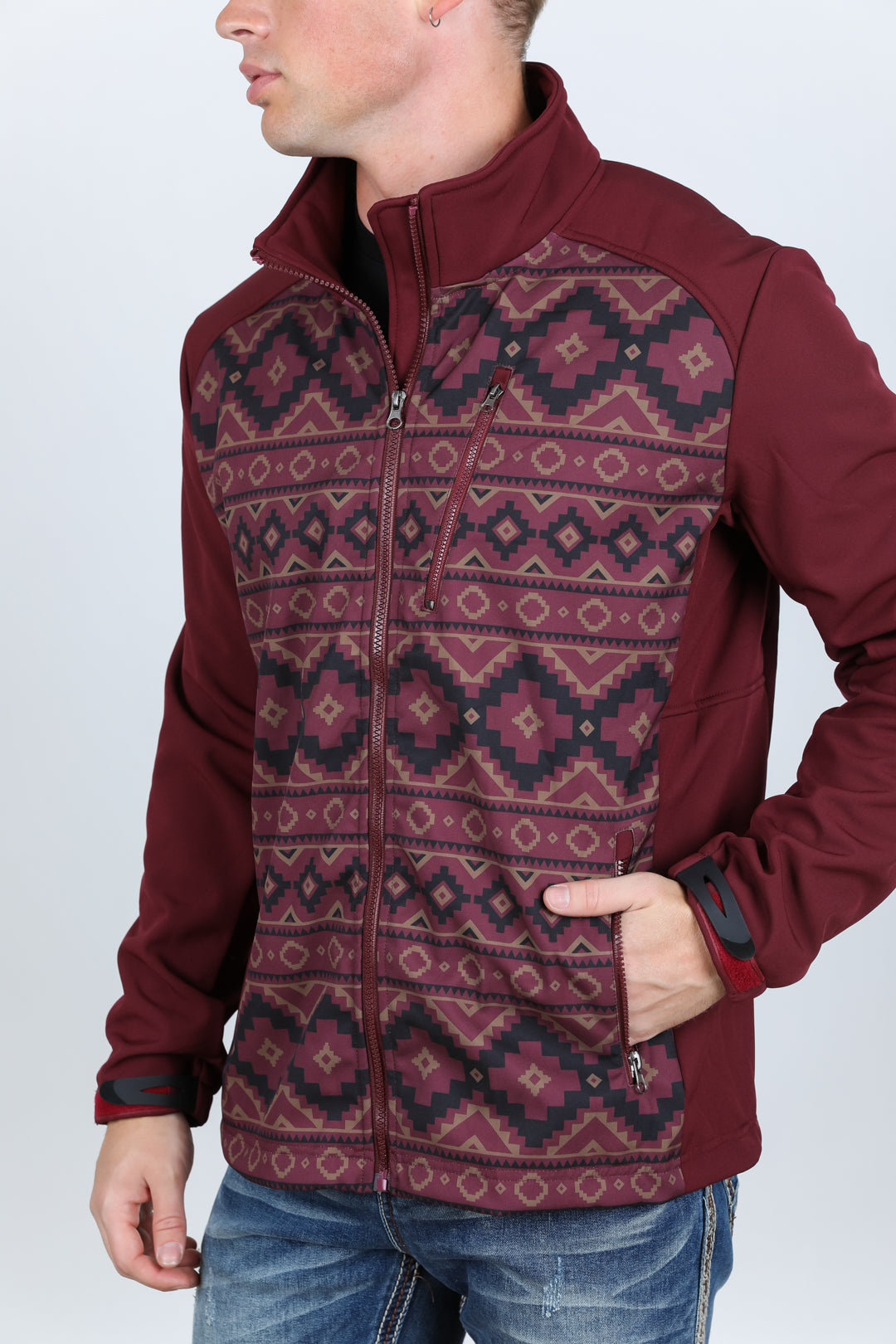 burgundy aztec softshell jacket back platini side