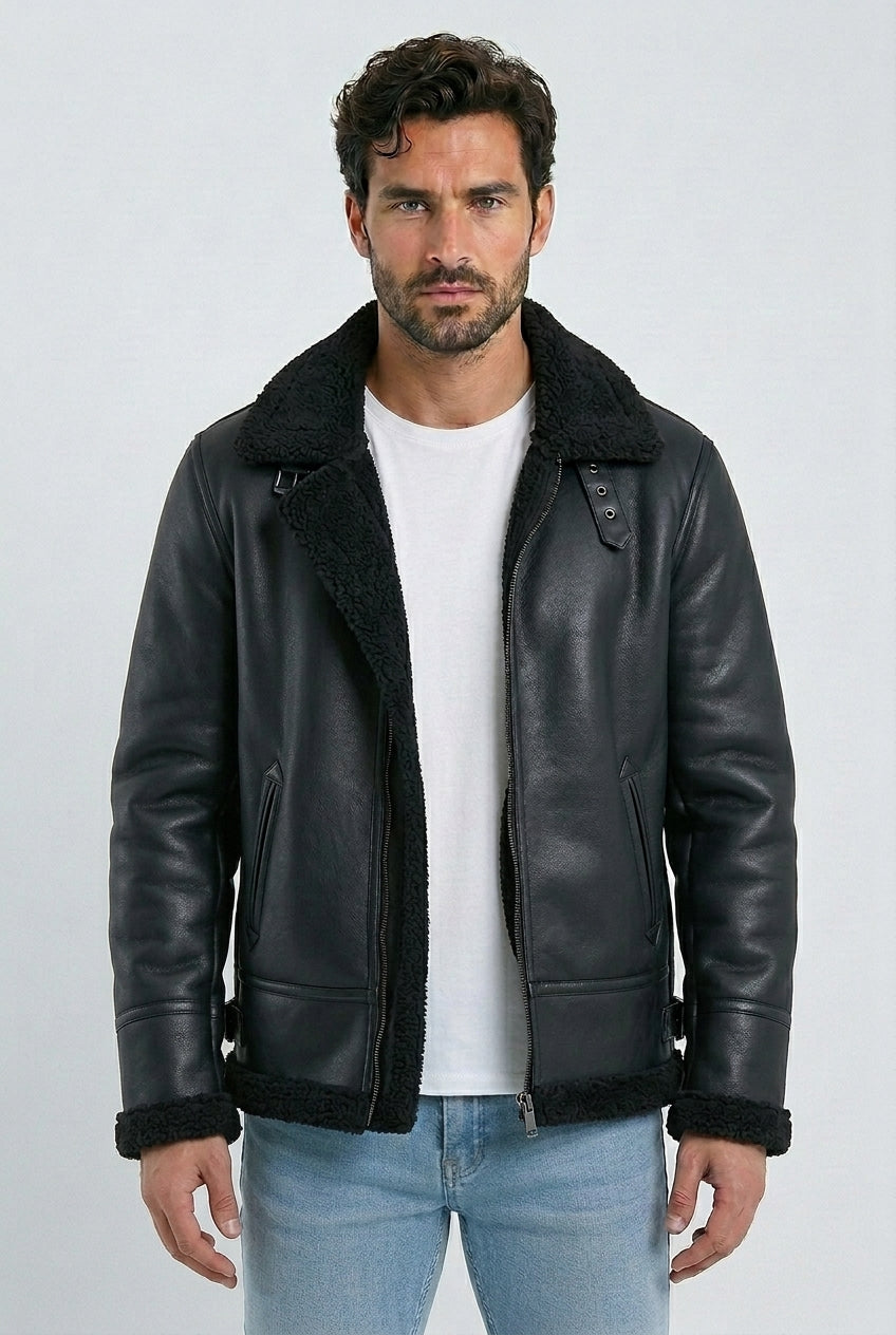black b3 aviator shearling jacket men platini front