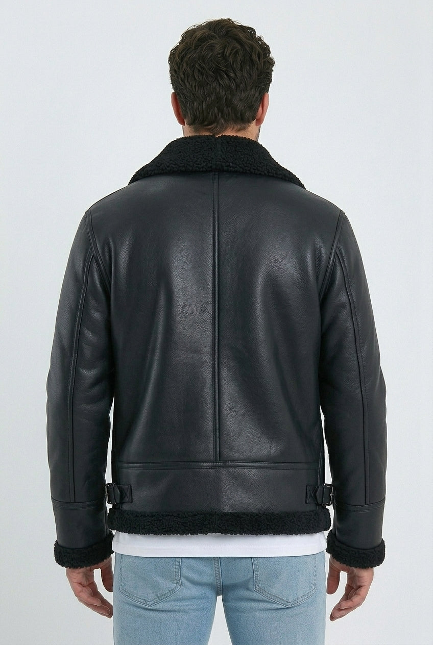 black b3 aviator shearling jacket men platini back