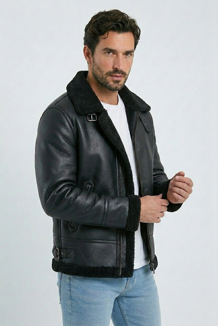 black b3 aviator shearling jacket men platini side