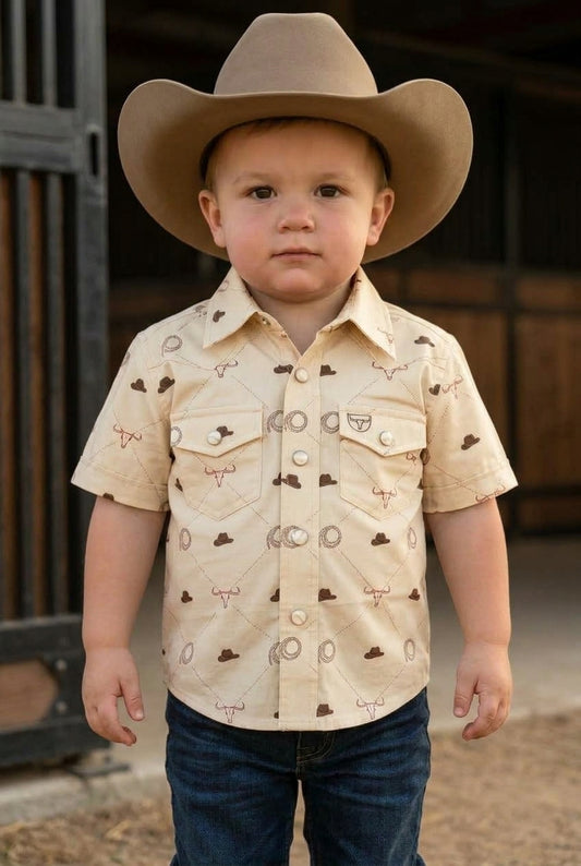 beige baby longhorn icon western shirt platini front