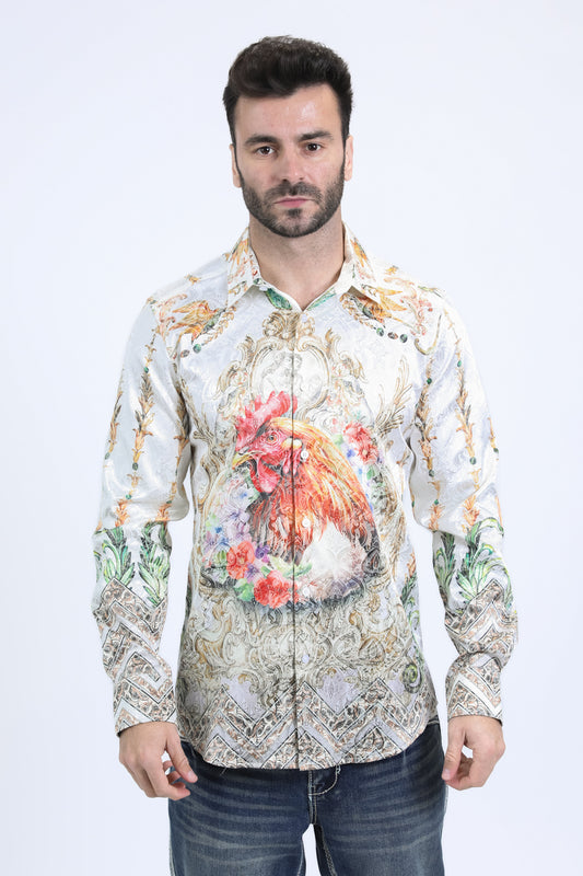 men white baroque rooster jacquard shirt platini front