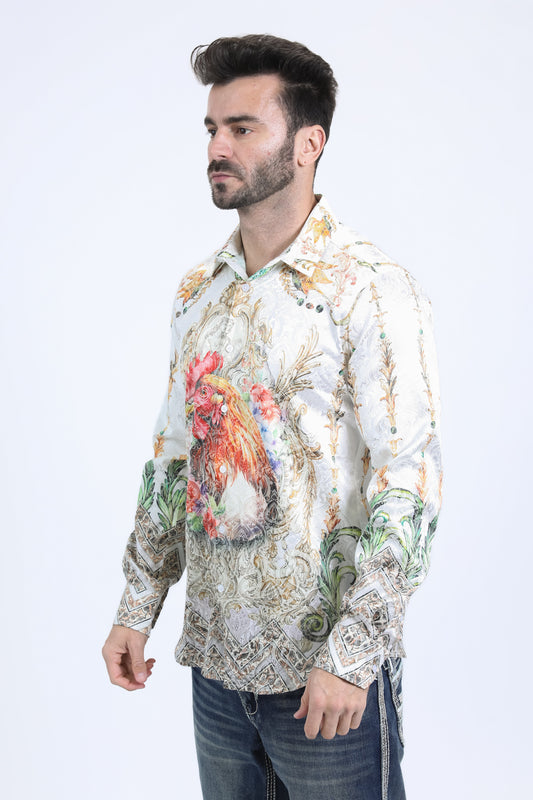 men white baroque rooster jacquard shirt platini detail
