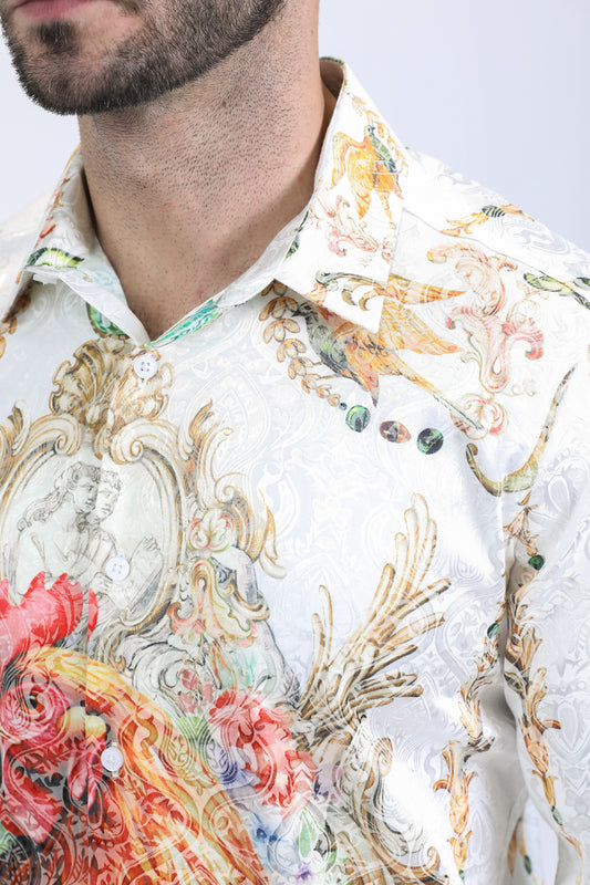 men white baroque rooster jacquard shirt platini detail