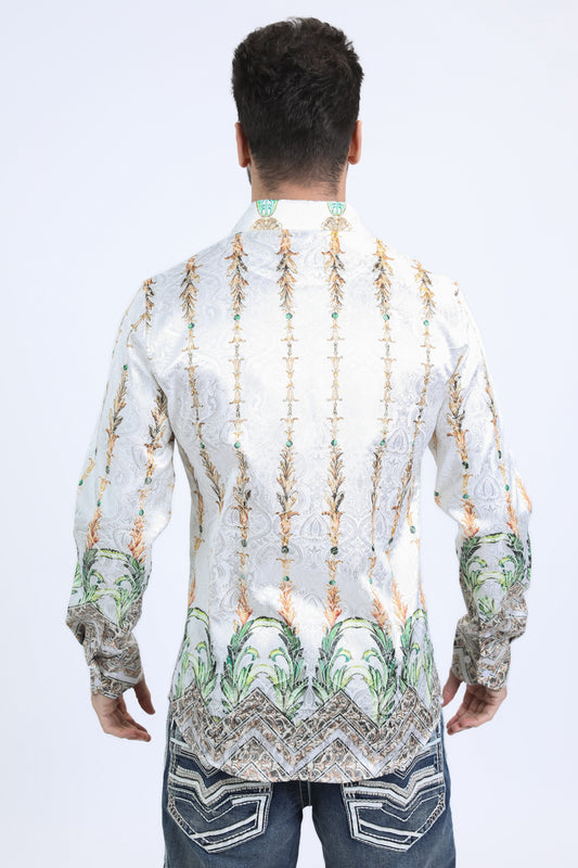 men white baroque rooster jacquard shirt platini back