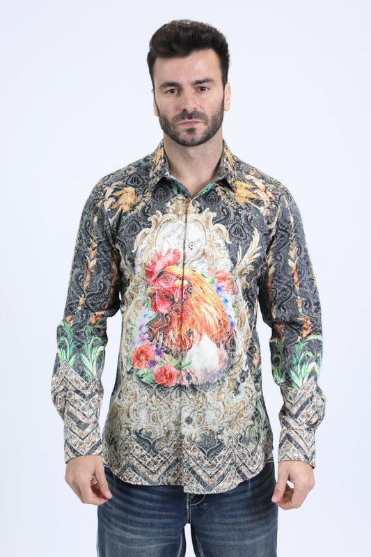 men black baroque rooster jacquard shirt platini front