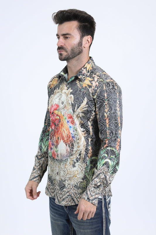 black baroque rooster jacquard shirt men platini back