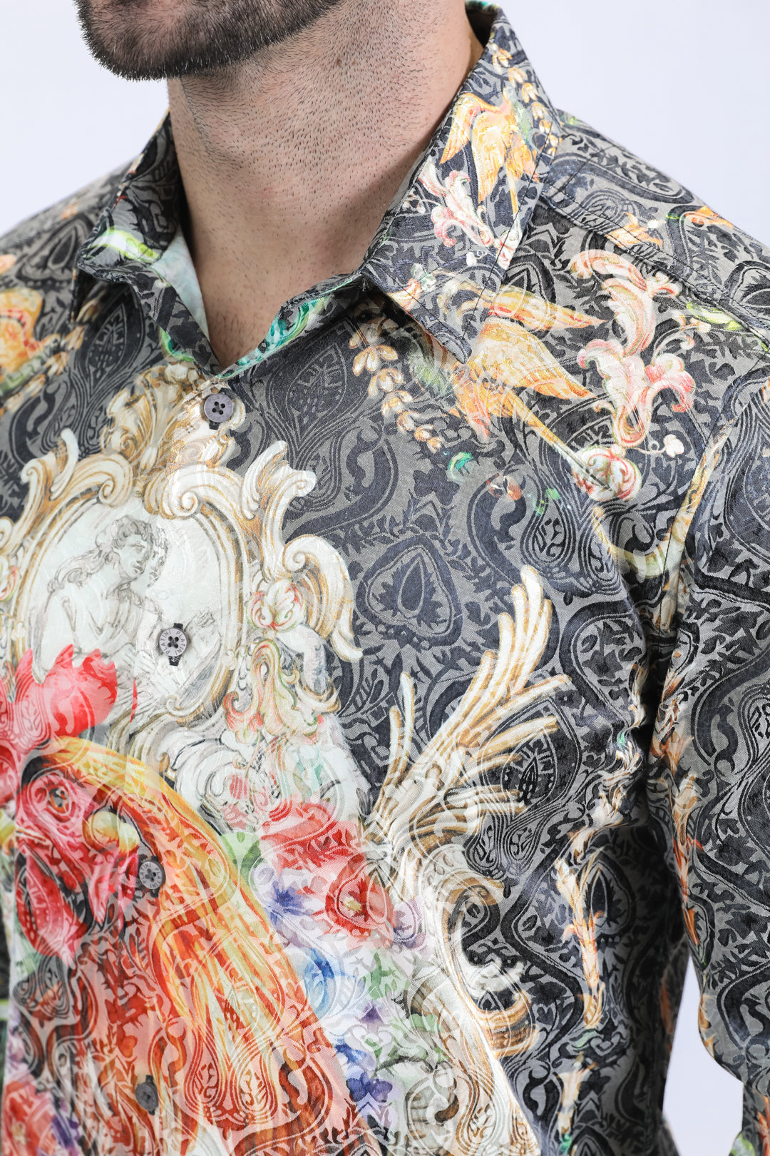 men black baroque rooster jacquard shirt platini detail