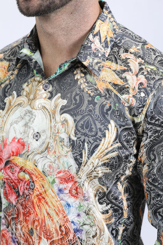 black baroque rooster jacquard shirt men platini close-up