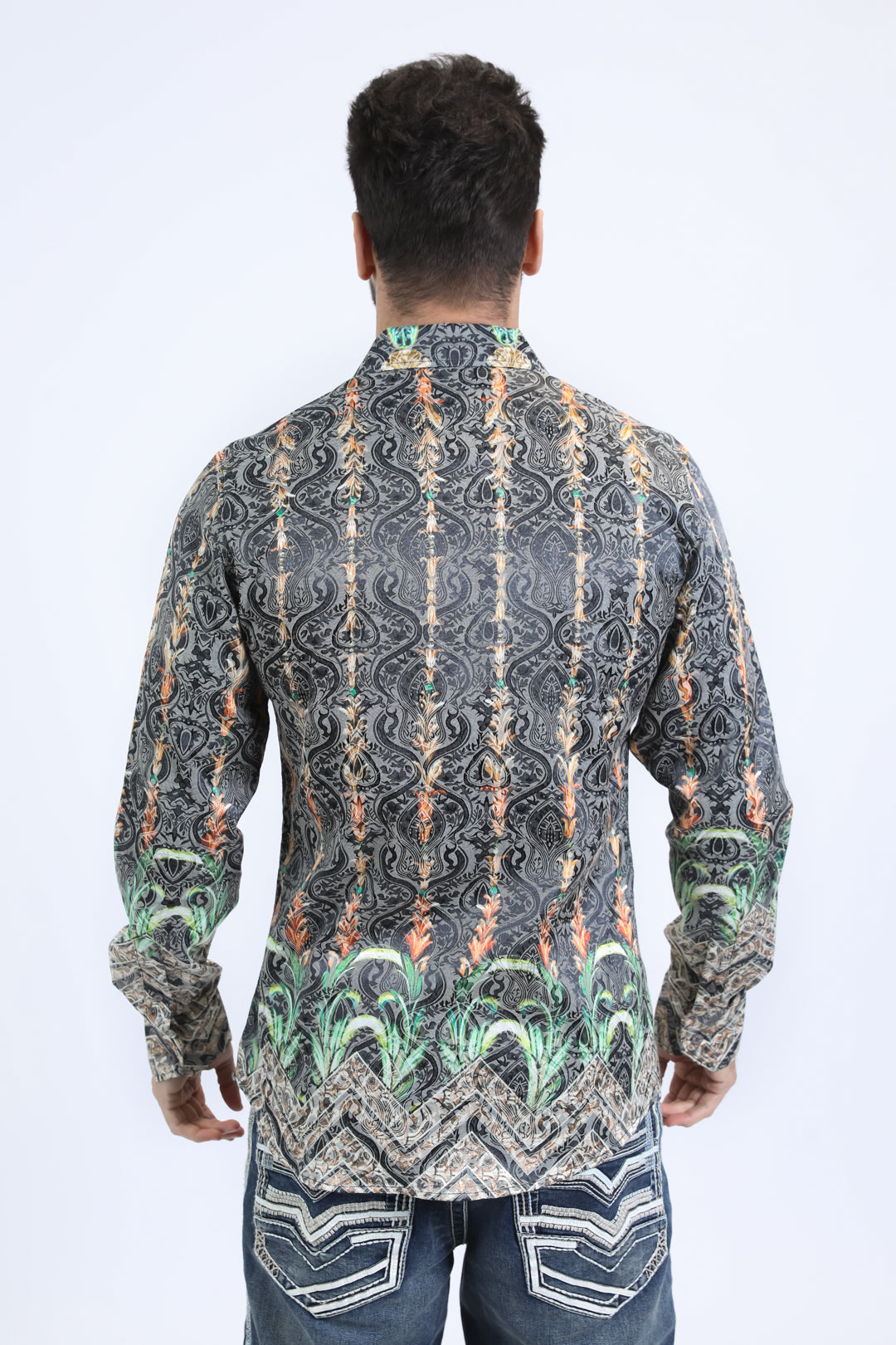 men black baroque rooster jacquard shirt platini back