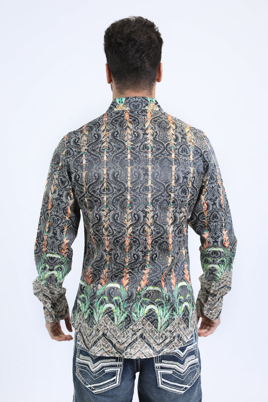 men black baroque rooster jacquard shirt platini back