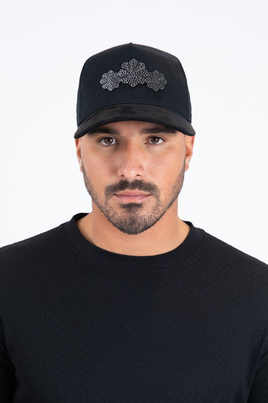 black canvas suede floral ornament cap front platini