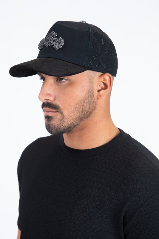 black canvas suede floral ornament cap side platini