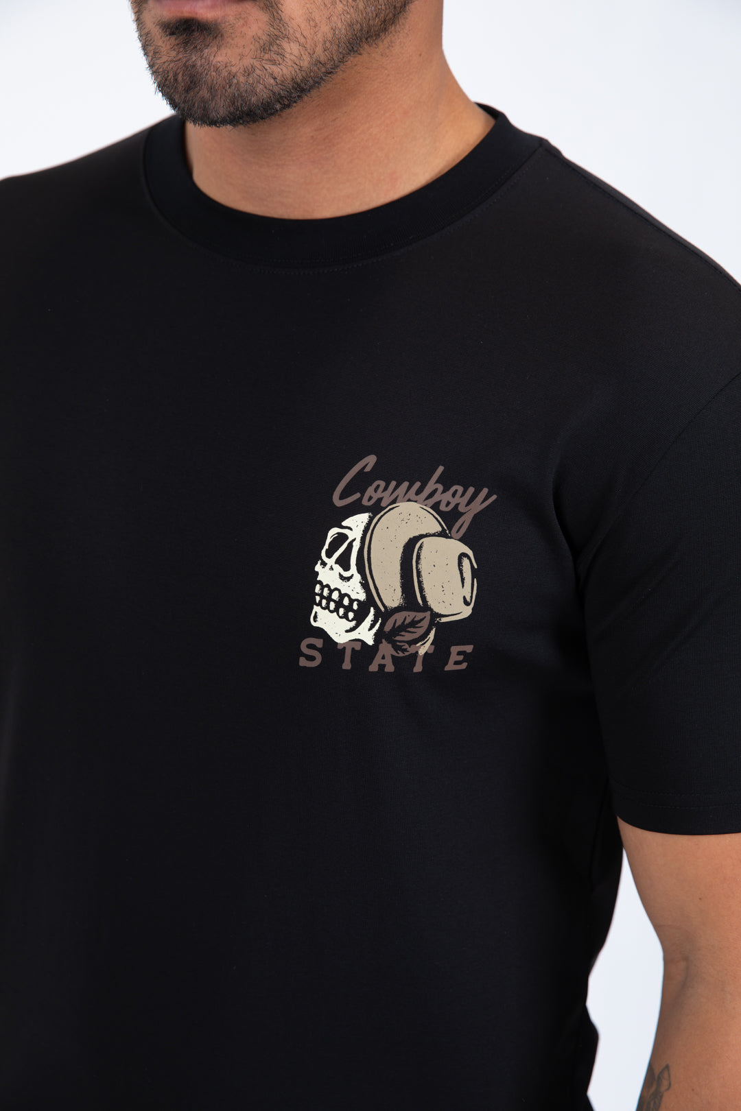 black cowboy desert skull tee detail platini