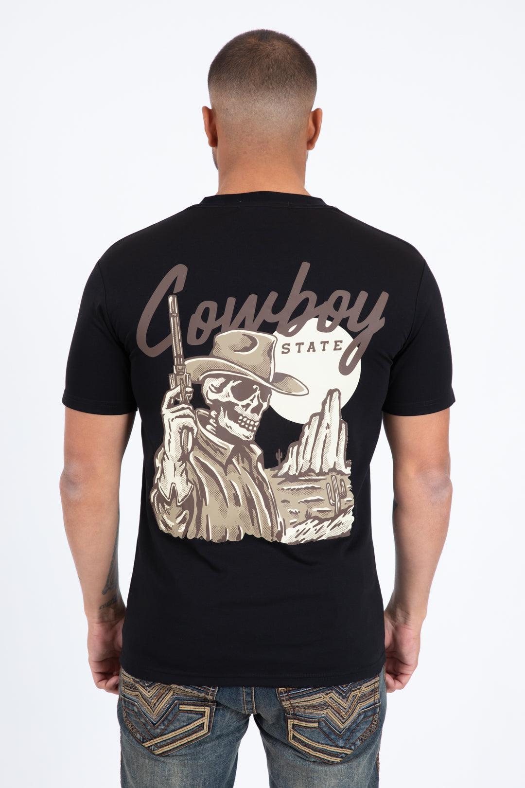 black cowboy desert skull tee back platini