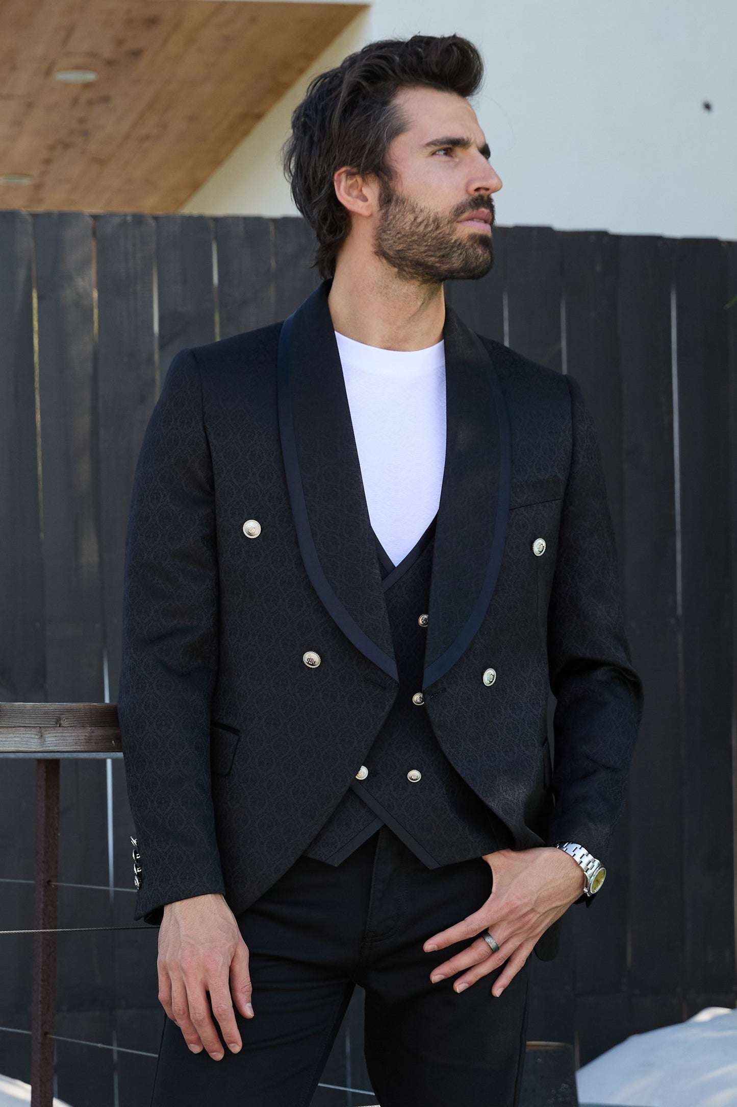 black jacquard blazer vest set men platini front