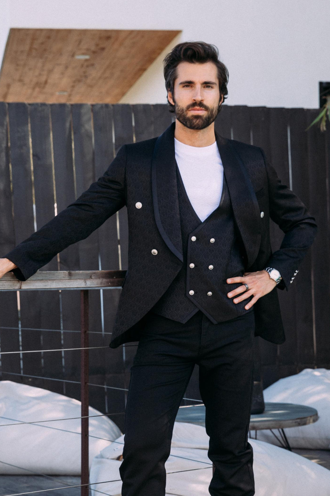 black jacquard blazer vest set men platini front