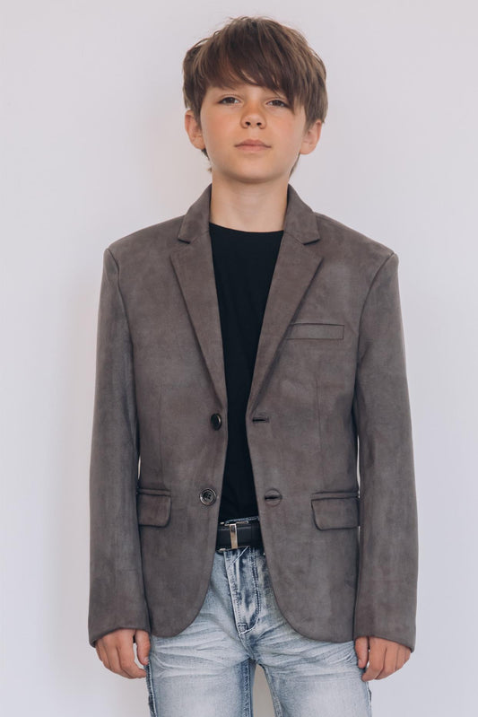 Boys' Double Button Grey Faux-Suede Blazer