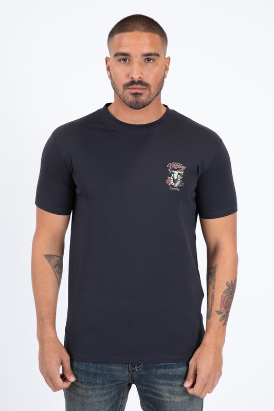 charcoal western skull horseshoe tee front platini