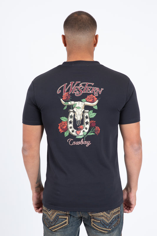 charcoal western skull horseshoe tee back platini