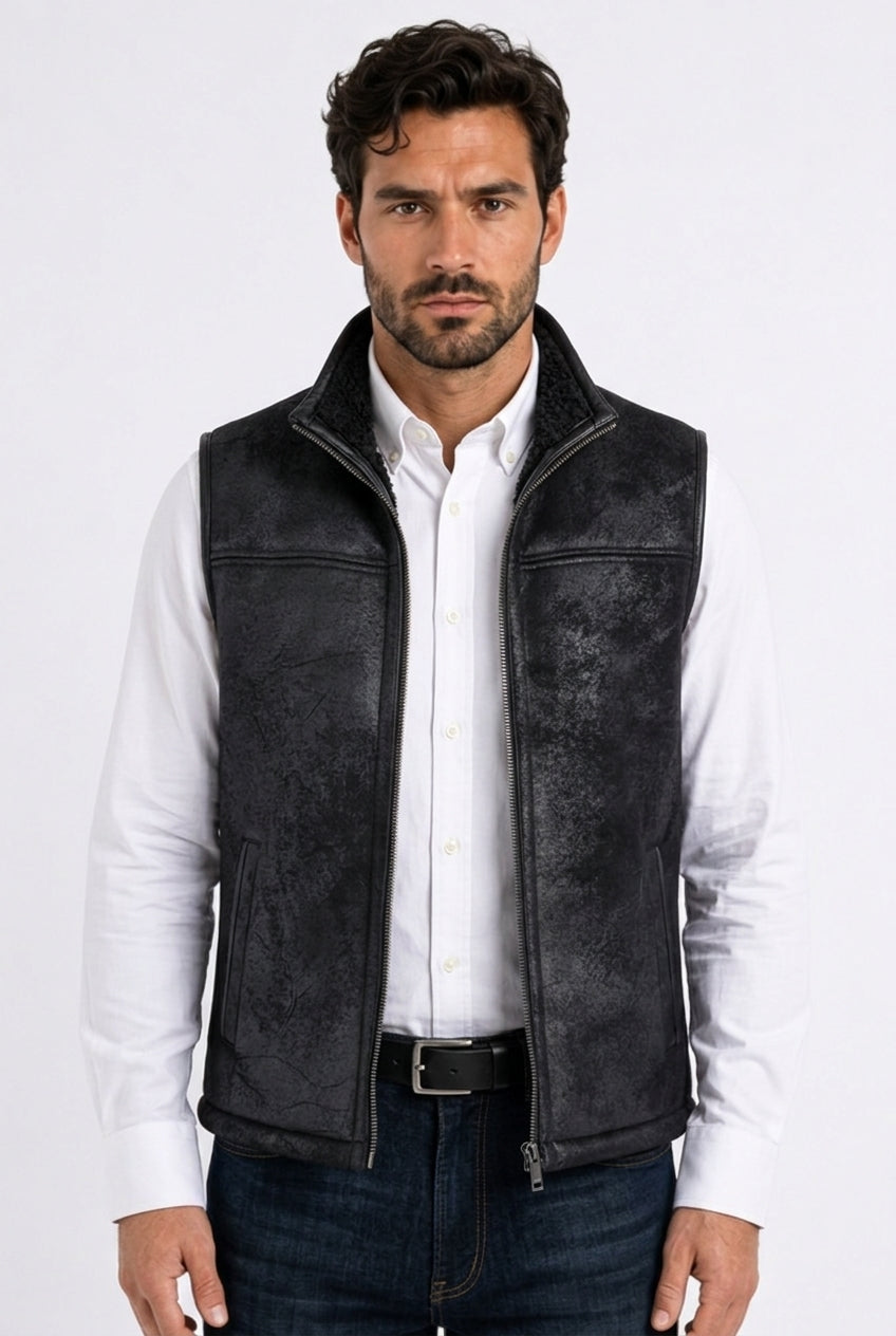 black distressed shearling vest men platini front