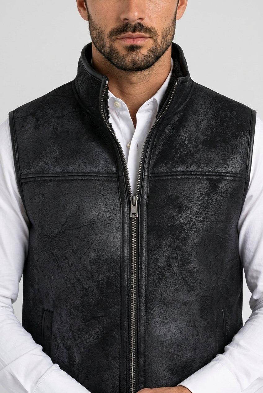 black distressed shearling vest men platini detail
