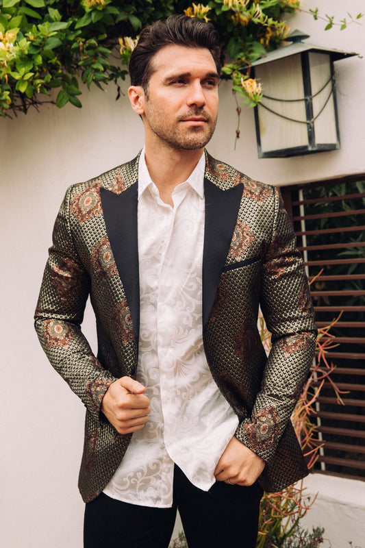 black woven print blazer men platini front lifestyle