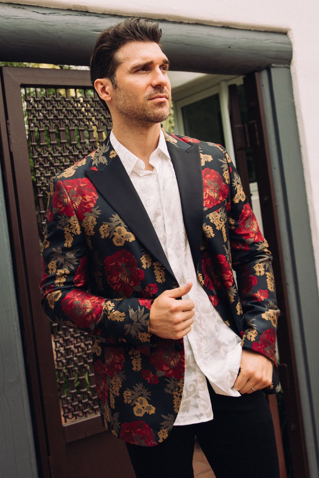 dark blue woven print blazer men platini front lifestyle