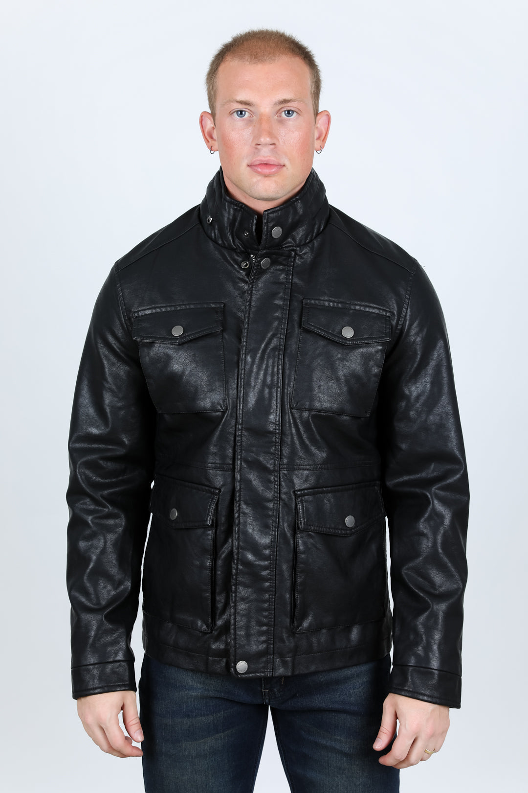 black faux leather biker jacket front platini front