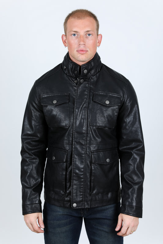 black faux leather biker jacket front platini front