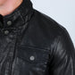 black faux leather biker jacket close platini detail