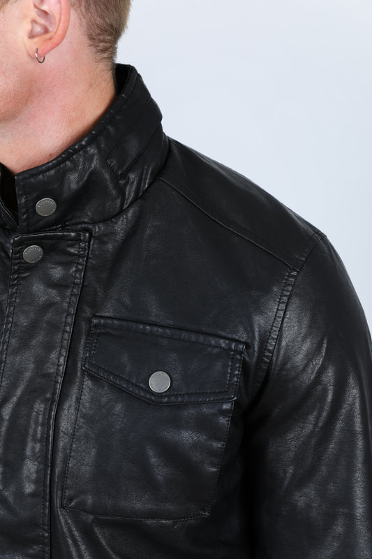 black faux leather biker jacket close platini detail
