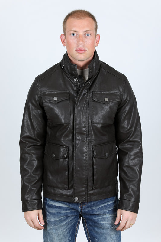 brown faux leather biker jacket front platini front
