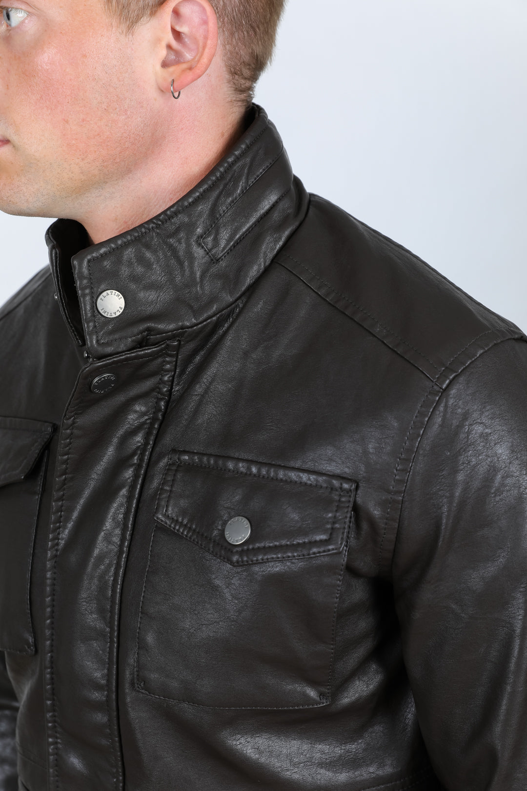 brown faux leather biker jacket detail platini detail