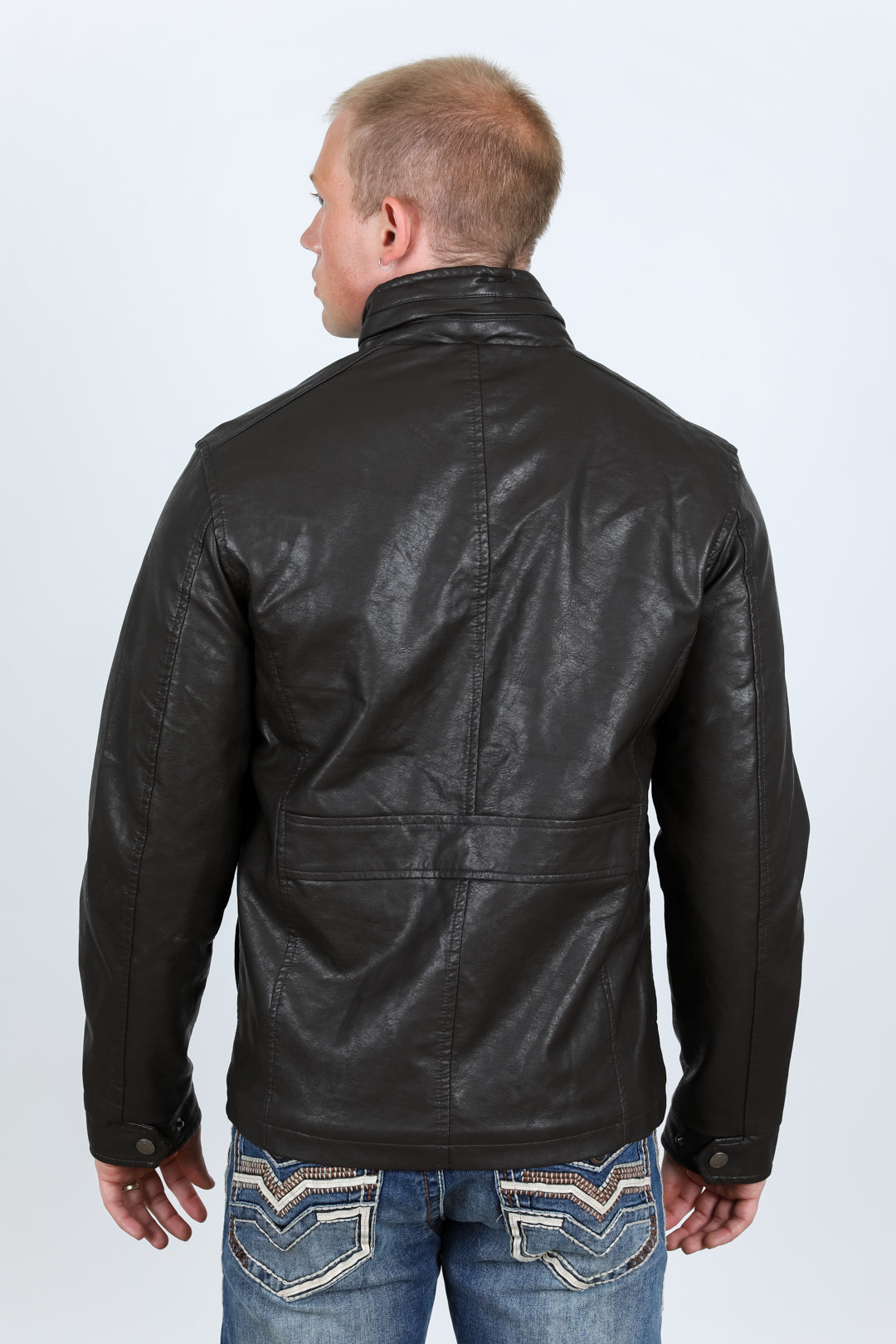 brown faux leather biker jacket side platini back