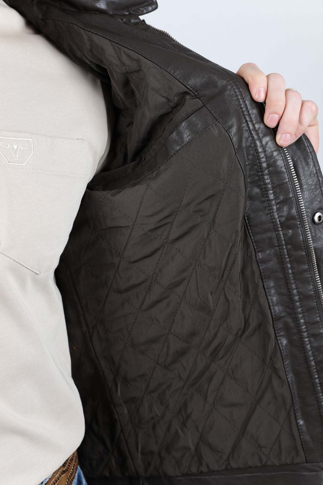 brown faux leather biker jacket close platini detail