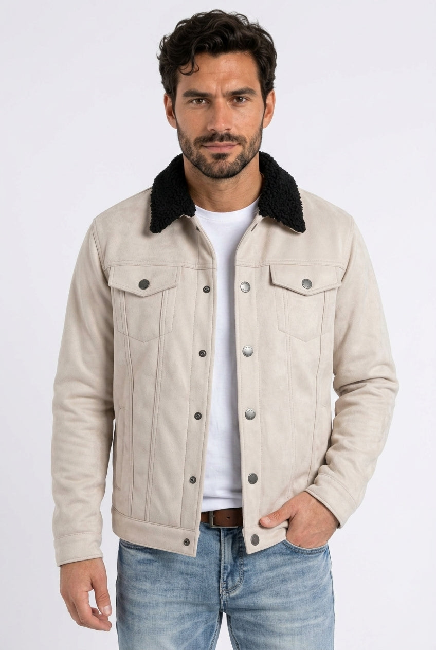 beige faux suede sherpa trucker jacket men platini front