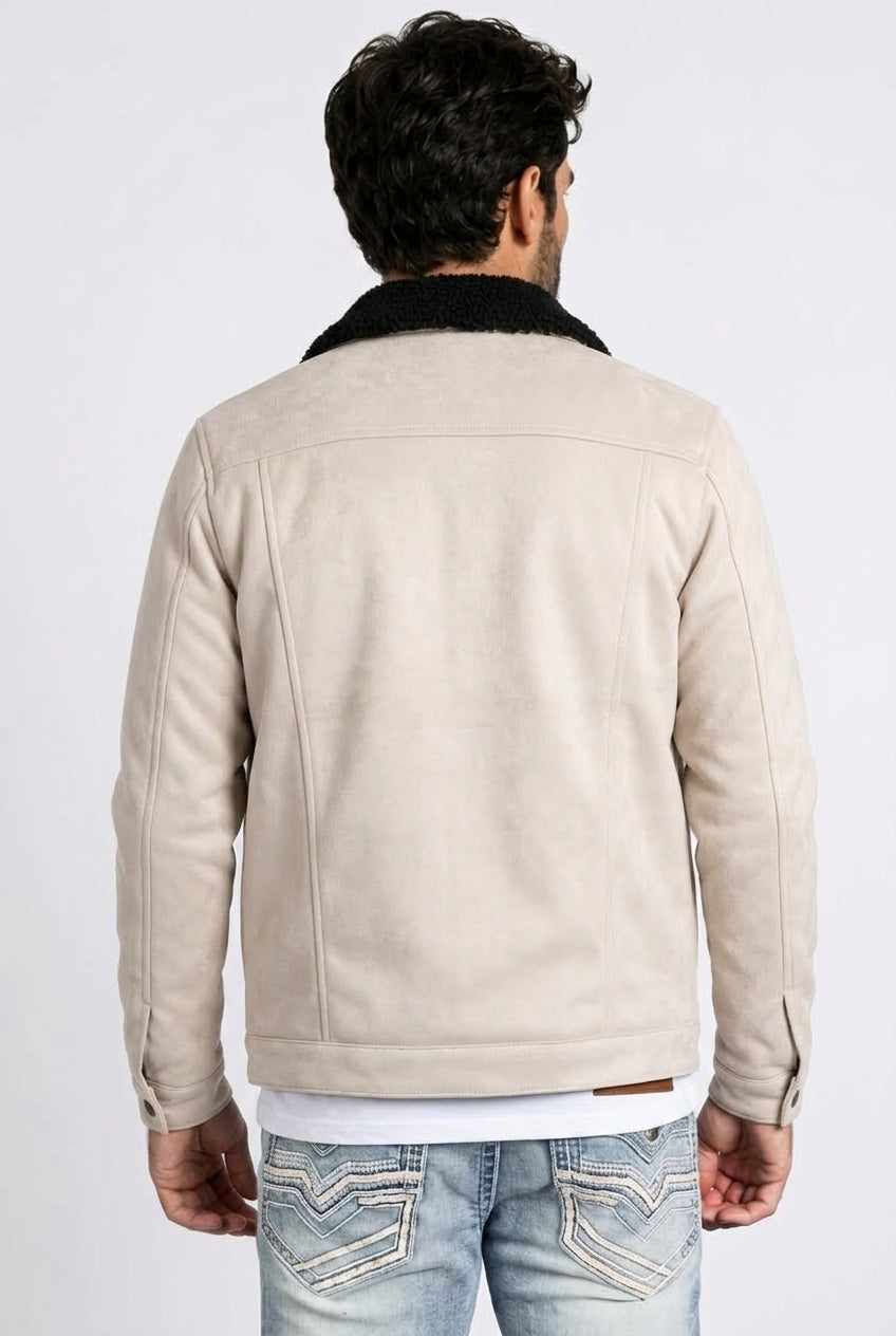 beige faux suede sherpa trucker jacket men platini detail