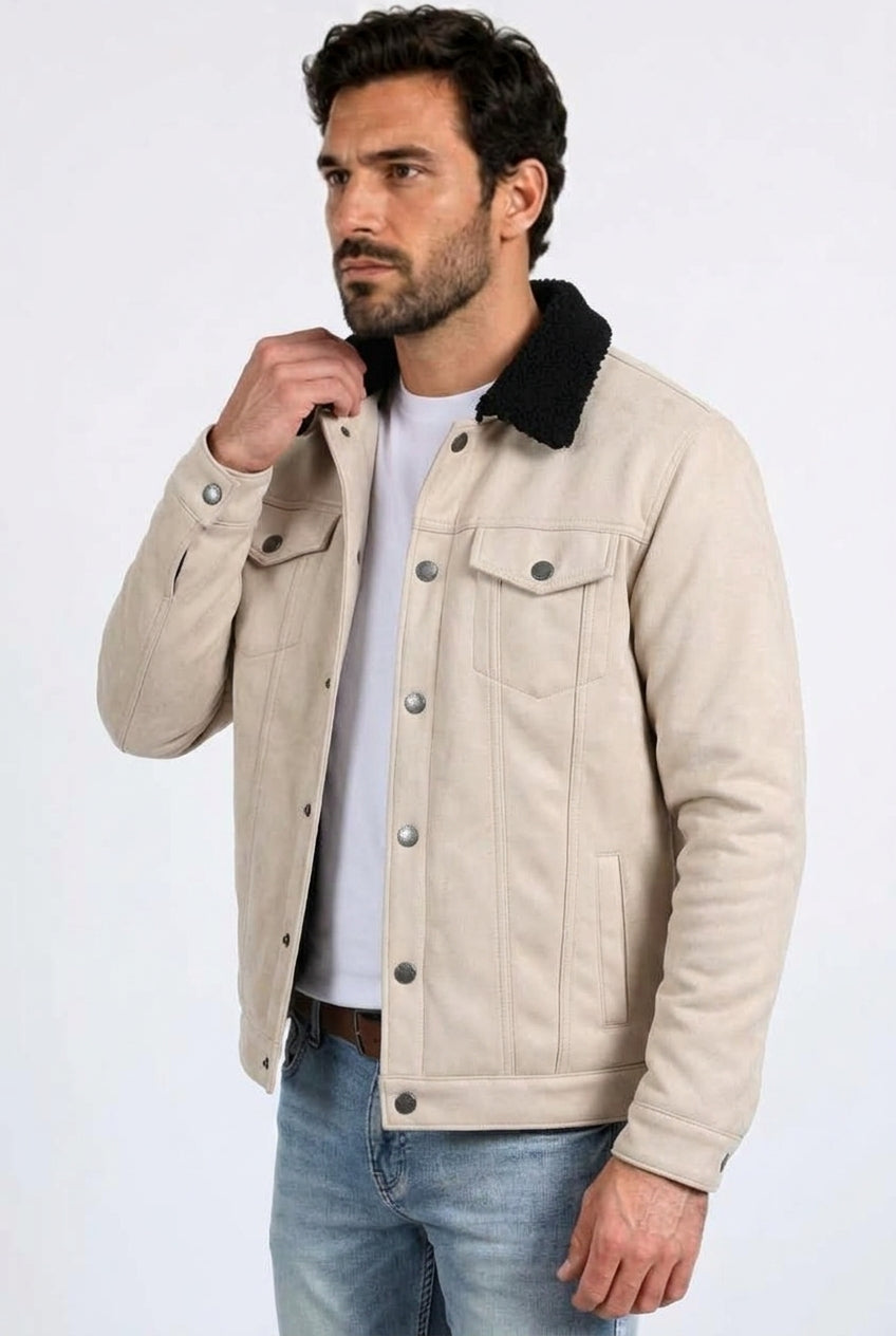 beige faux suede sherpa trucker jacket men platini detail