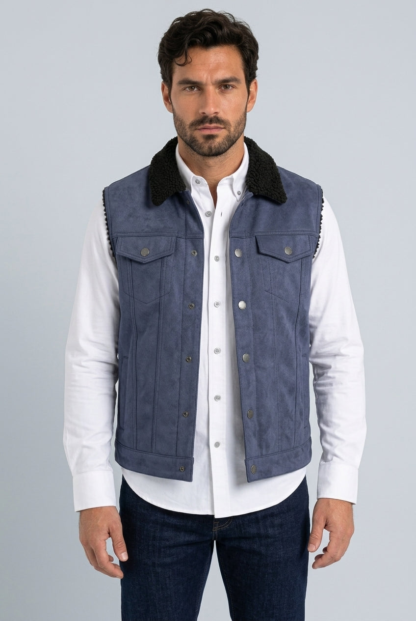 navy faux suede sherpa trucker vest men platini front