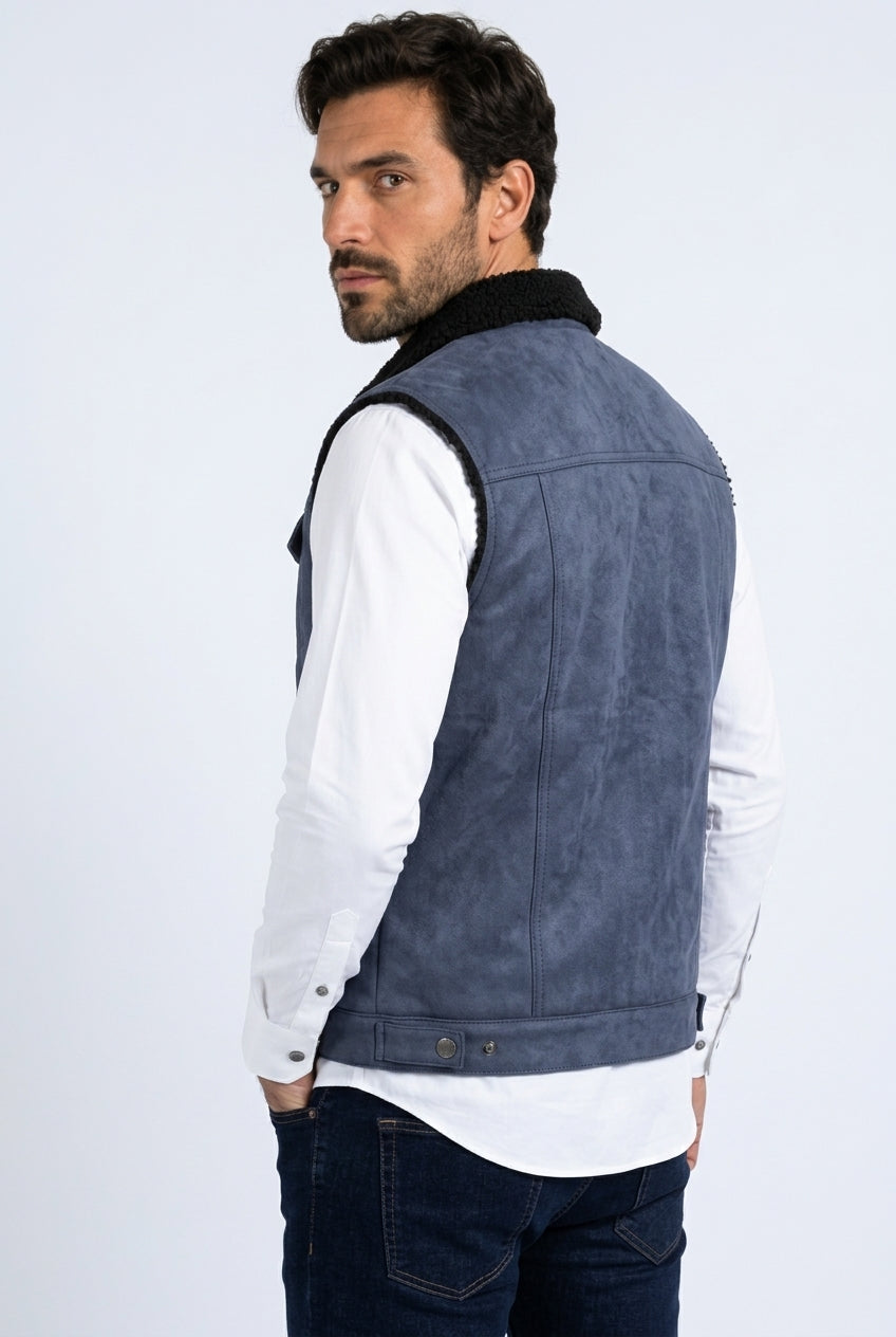 navy faux suede sherpa trucker vest men platini back
