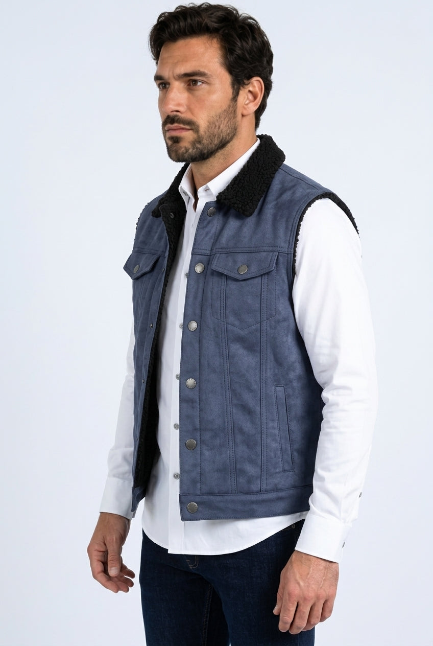 navy faux suede sherpa trucker vest men platini side