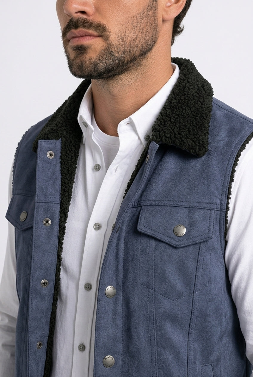 navy faux suede sherpa trucker vest men platini detail