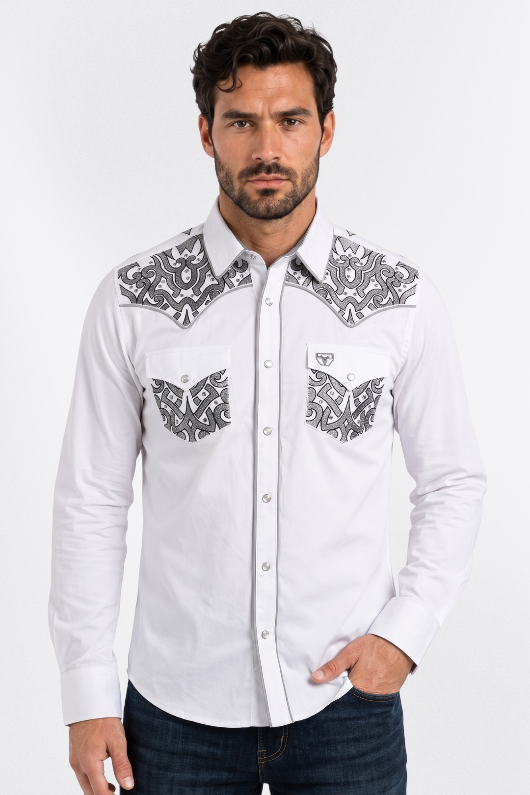 white filigree embroidered western shirt men platini front