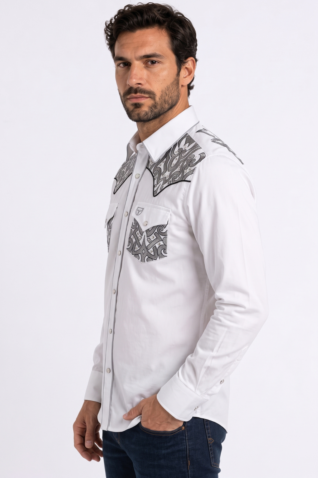 white filigree embroidered western shirt men platini side