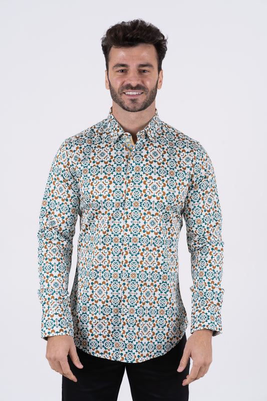 satin print long sleeve shirt platini front