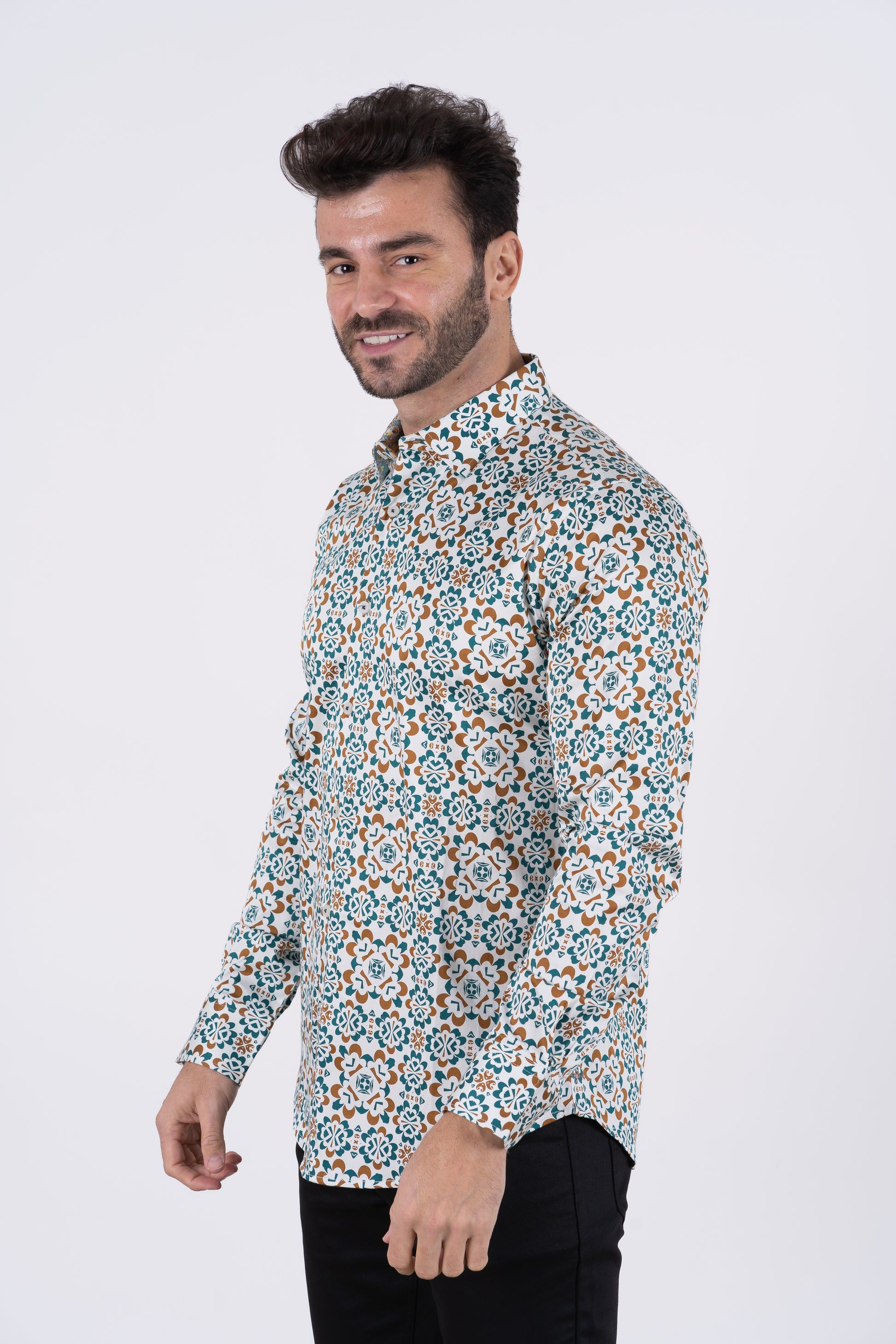 satin print long sleeve shirt platini side
