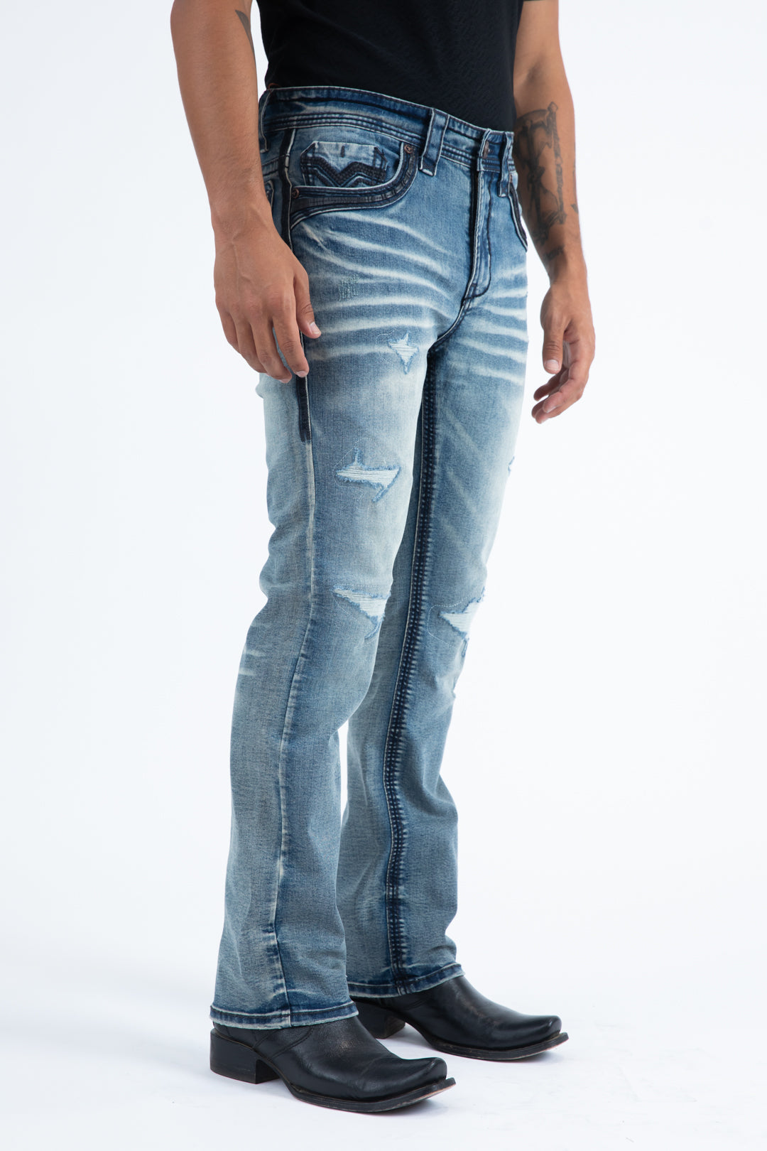 denim blue distressed bootcut jean men platini side